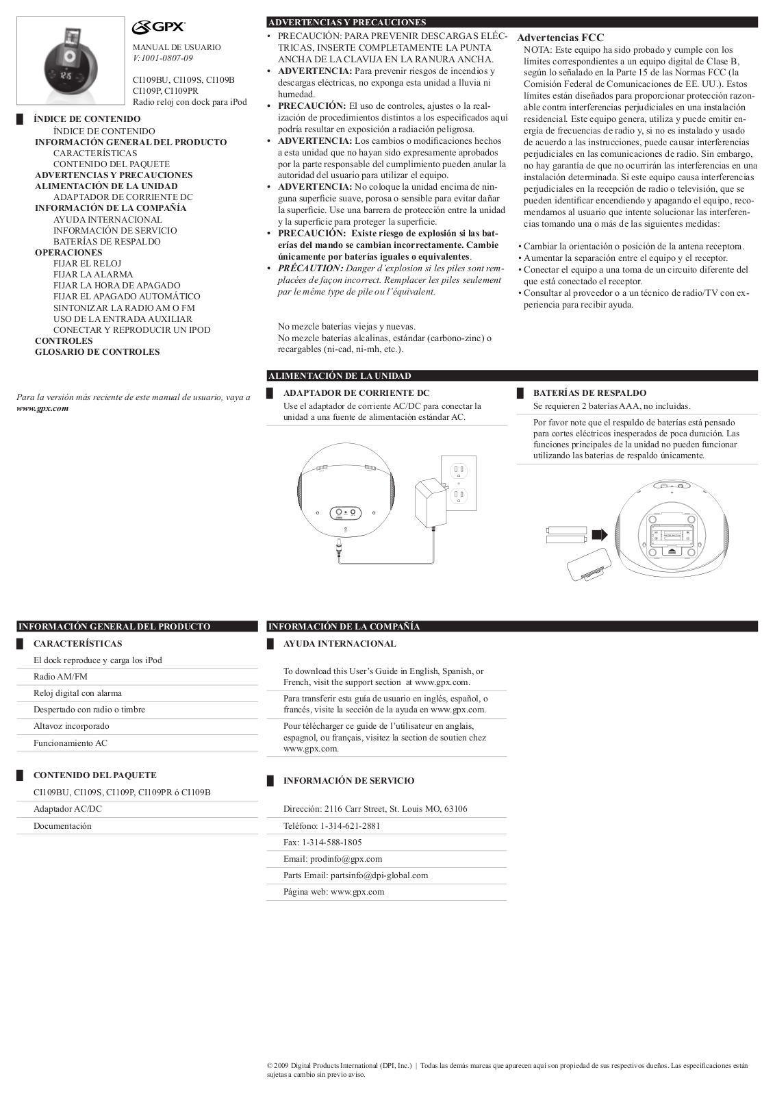 GPX CI109BU, CI109S, CI109B, CI109P, CI109PR Owner's Manual