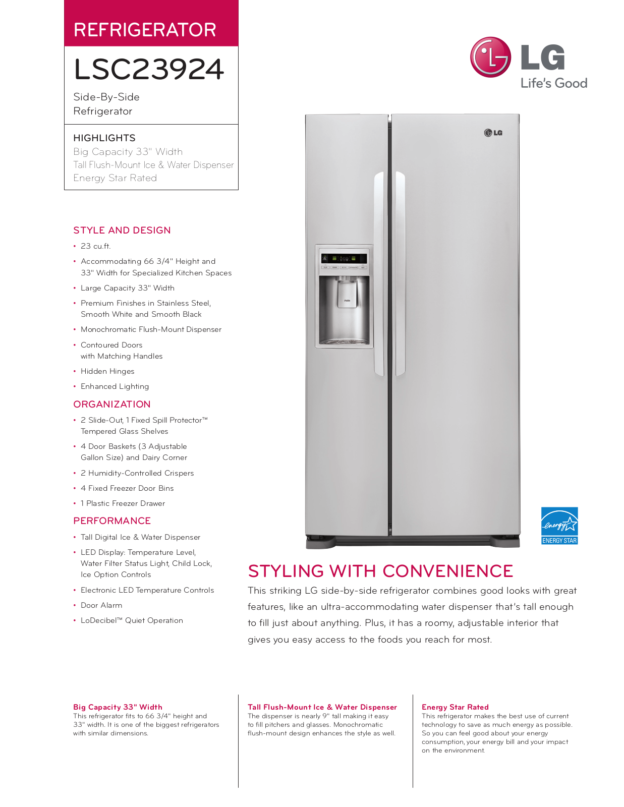 LG LSC23924SB, LSC23924SW, LSC23924ST Specification Sheet