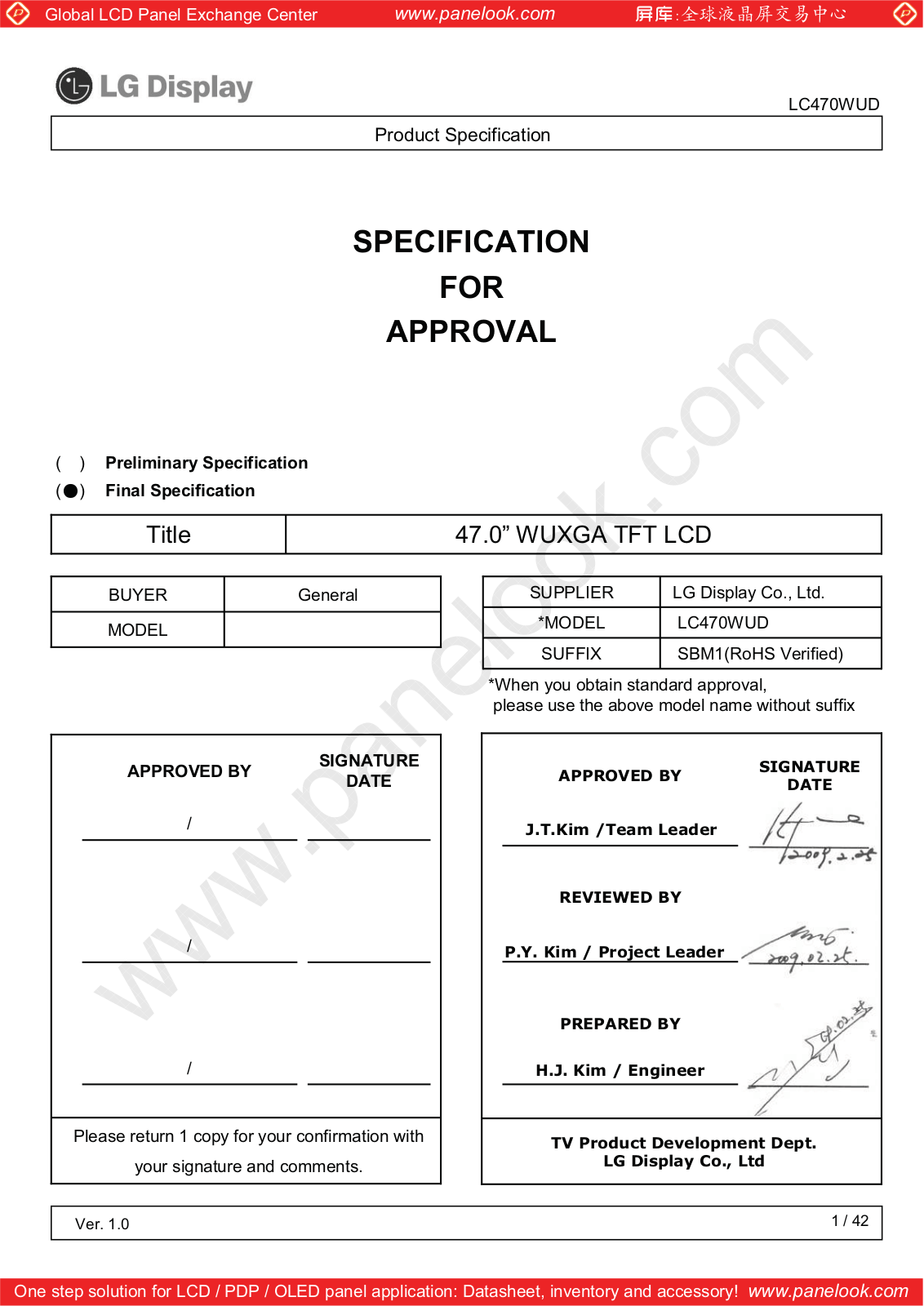 LG Display LC470WUD-SBM1 Specification