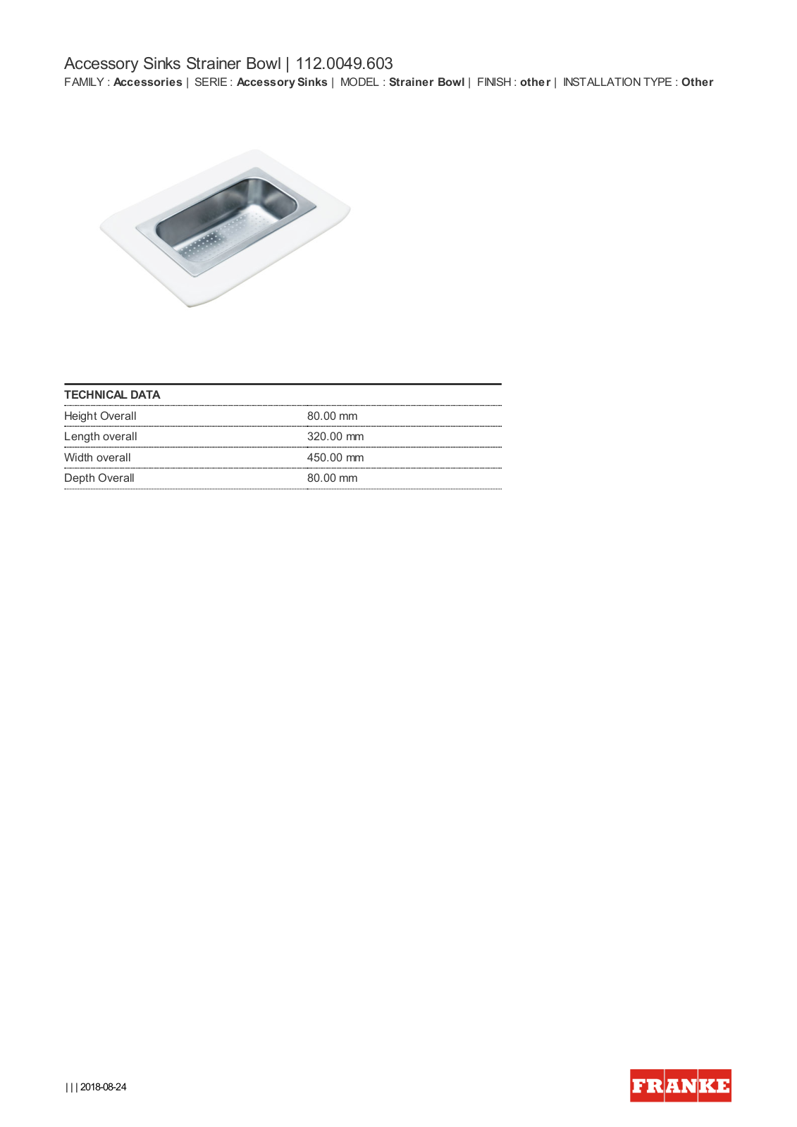 Franke SB603 Specifications Sheet