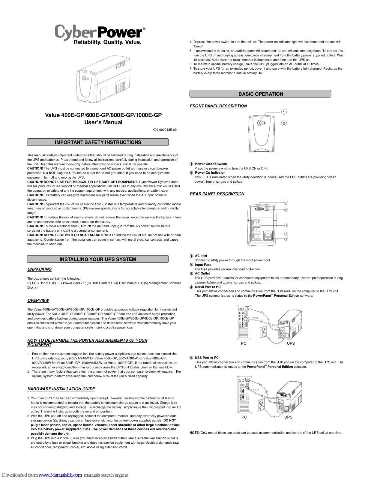 CyberPower 400E-GP, 600E-GP, 800E-GP, 1000E-GP User Manual