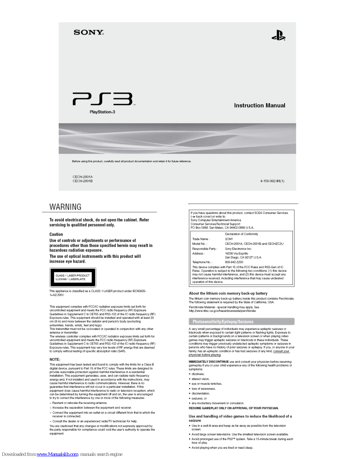 Sony PS3 CECH-2001,PS3 CECH-2001B Instruction Manual