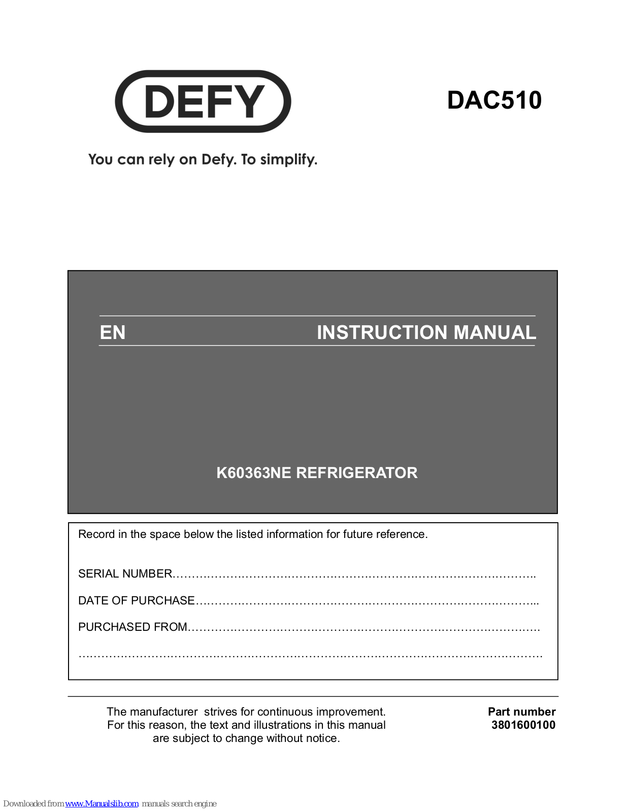 Defy DAC 510 Instruction Manual