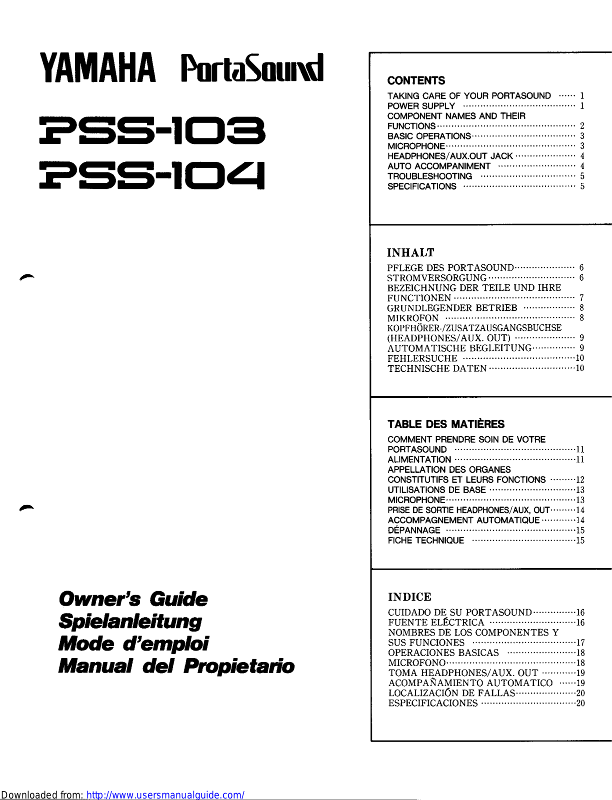 Yamaha Audio PSS-104, PSS-103 User Manual