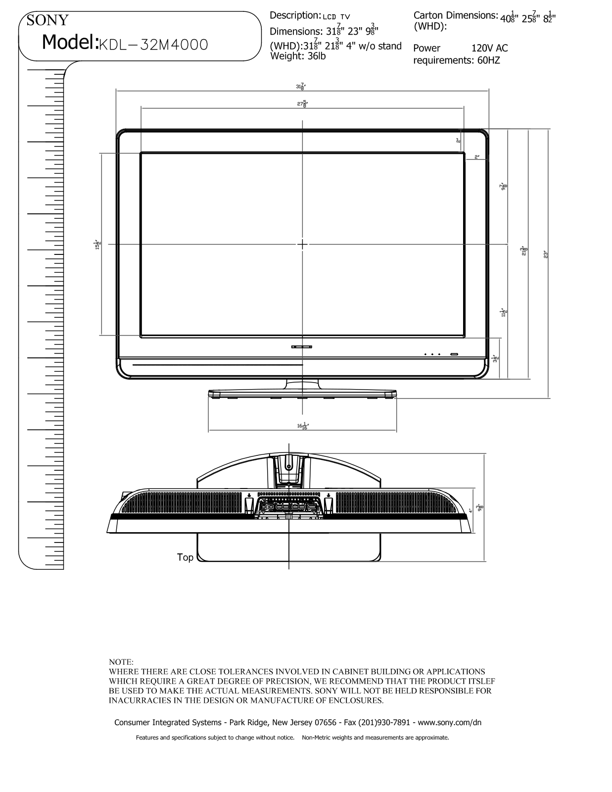 Sony KDL-32M4000 Dimensions Diagaram