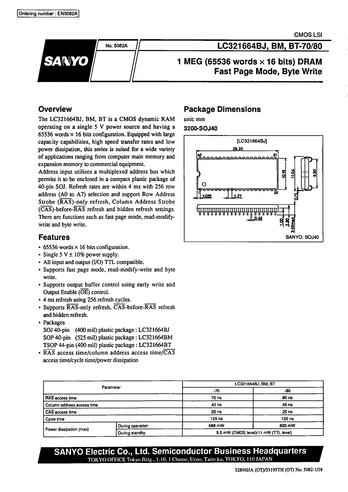 SANYO LC321664BJ-80, LC321664BJ-70, LC321664BM-80, LC321664BM-70, LC321664BT-80 Datasheet