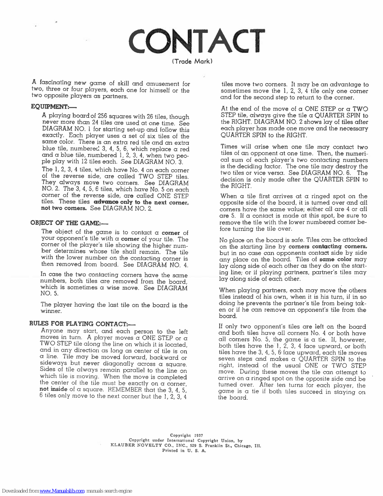 Klauber Novelty Contact Instructions Manual