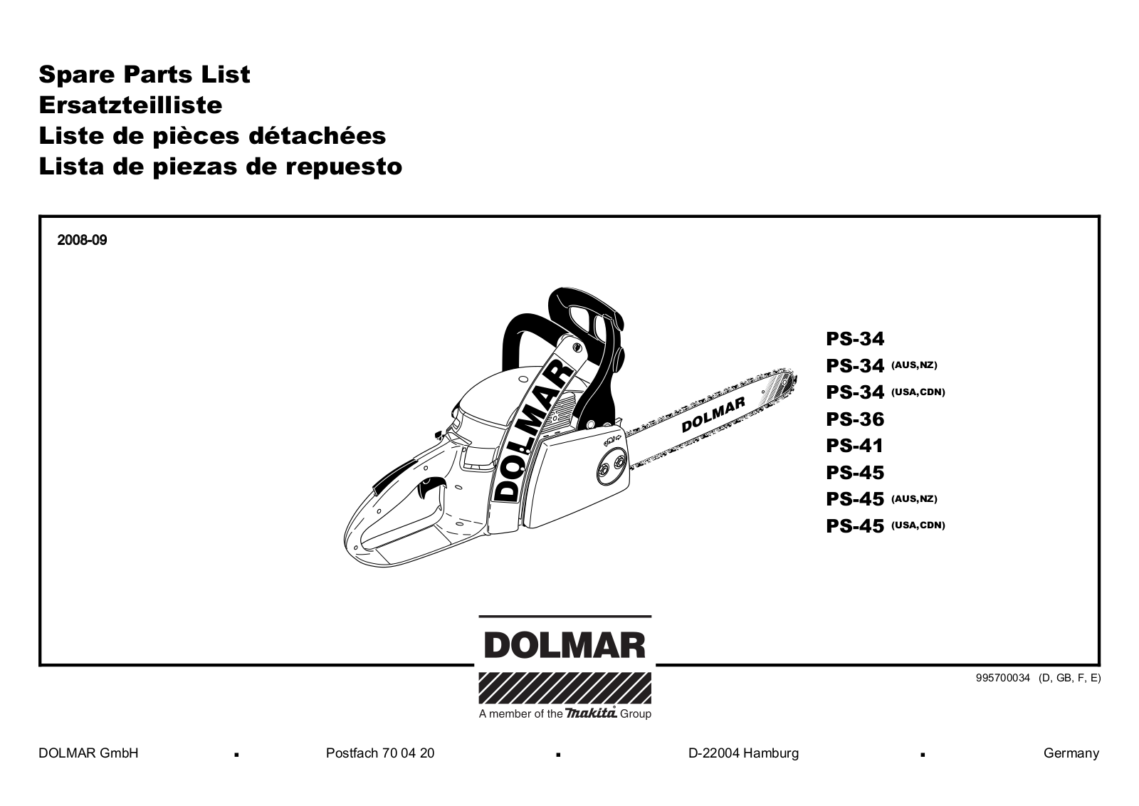 Dolmar PS-41, PS-45, PS-34, PS-36 Spare Parts List