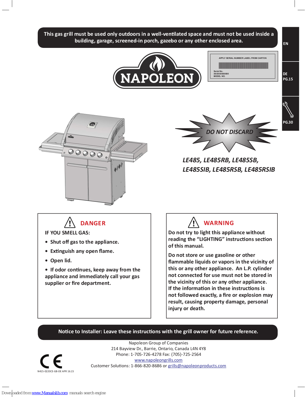 Napoleon LE485RB, LE485, LE485RSIB, LE485SB, LE485SIB Instruction Manual