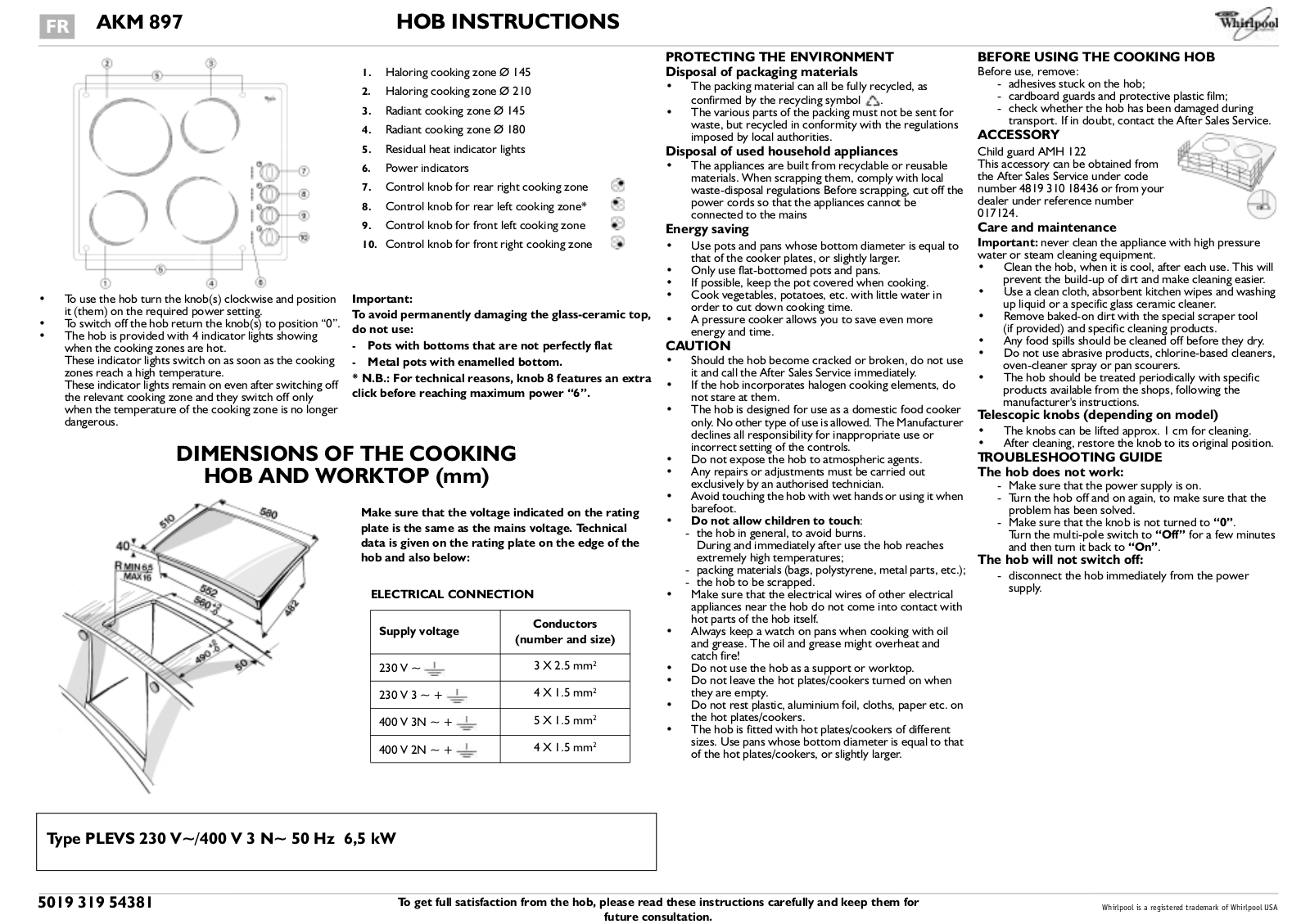 Whirlpool AKM 897/NB PROGRAM CHART