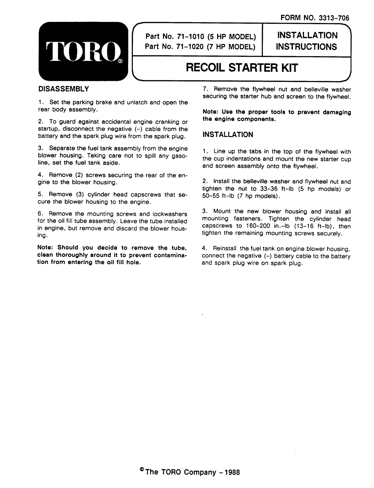 Toro 71-1020, 71-1010 Installation Instructions