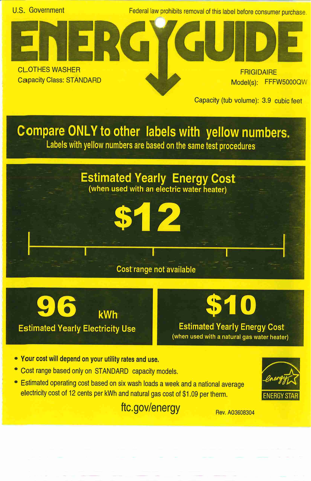 Frigidaire FFFW5000QW Energy Guide