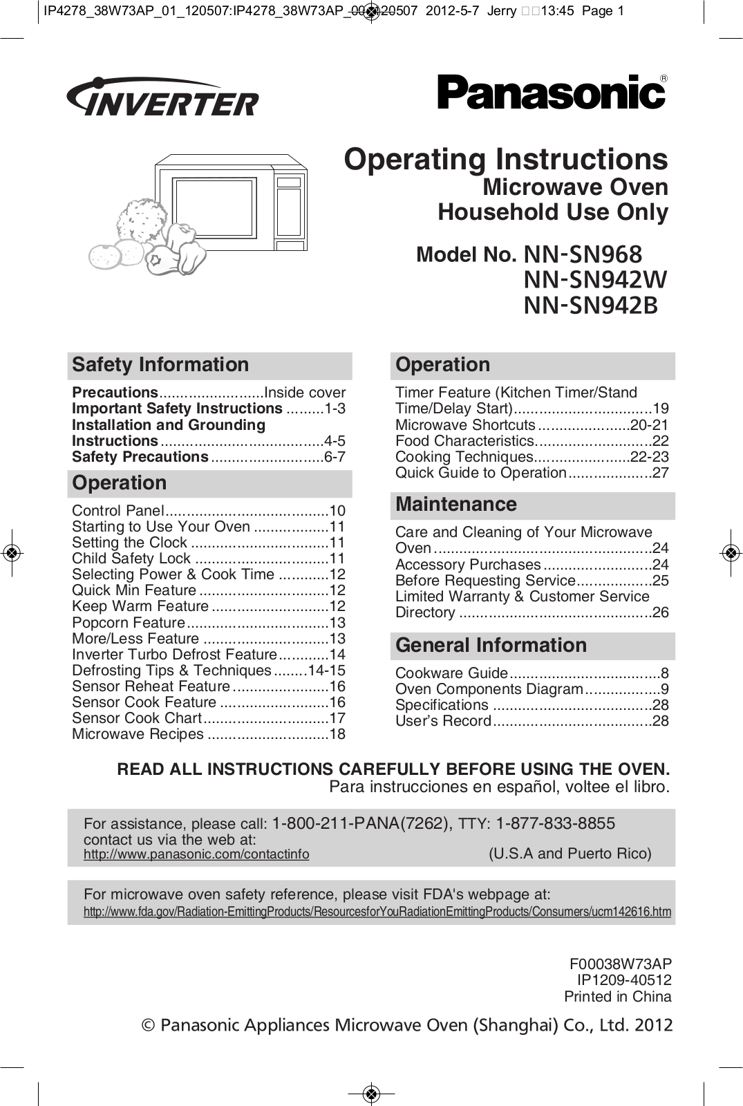 Panasonic nn-sn942 Operation Manual