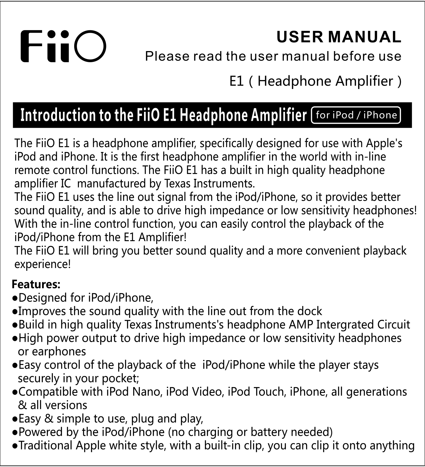 Fiio E1 User guide - ManualMachine.com