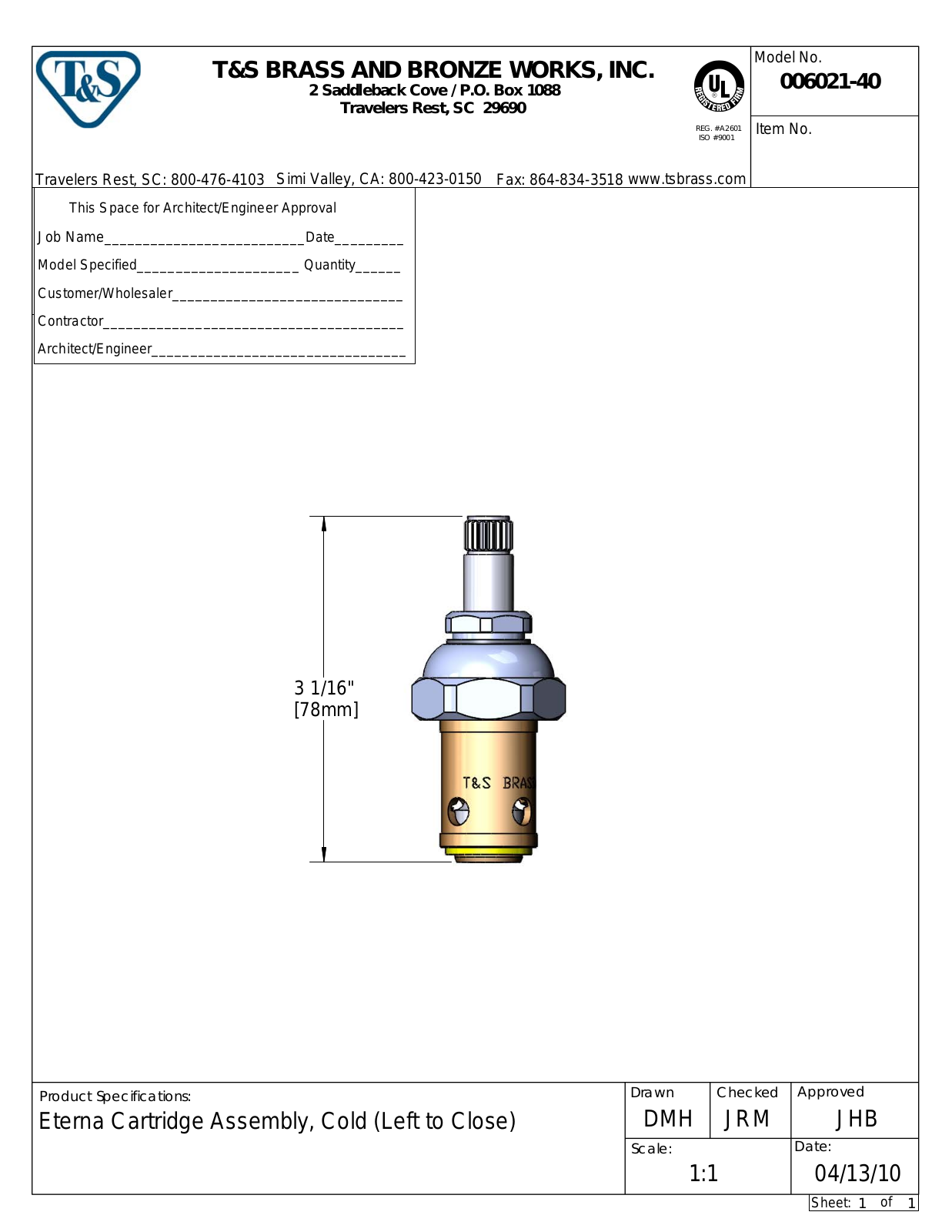 T&S Brass 006021-40 User Manual