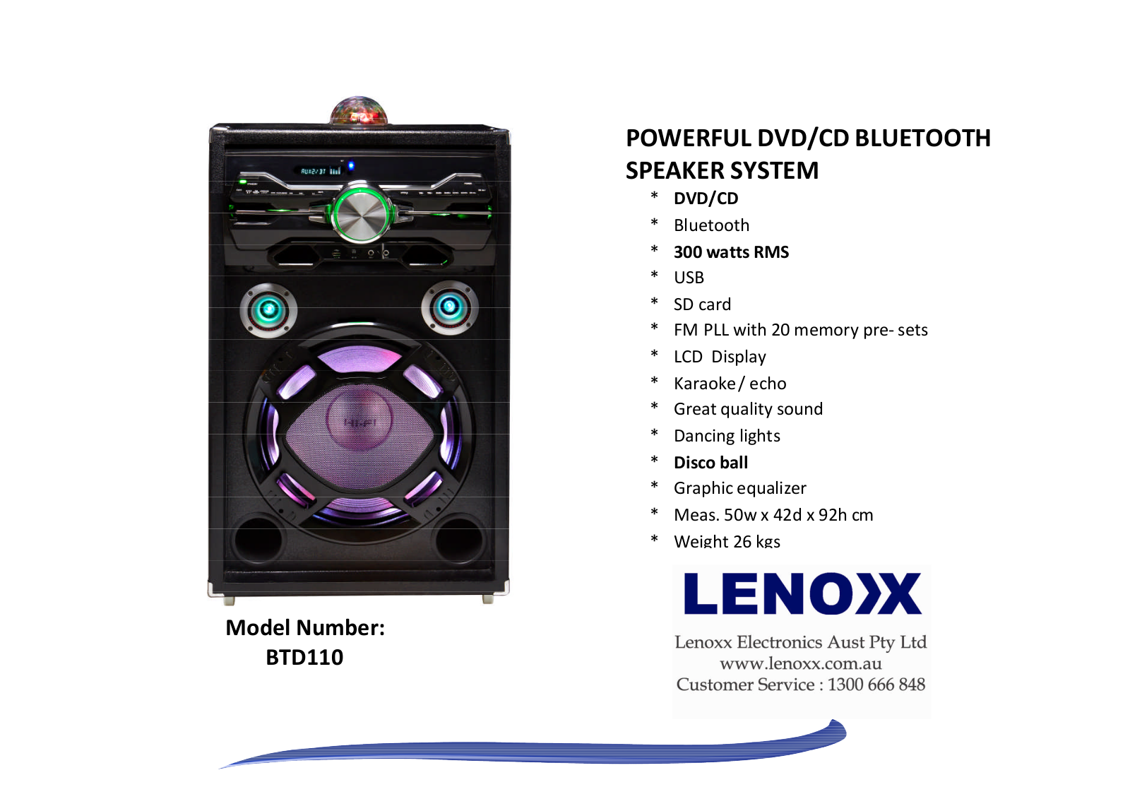 Lenoxx BTD110 Specifications Sheet