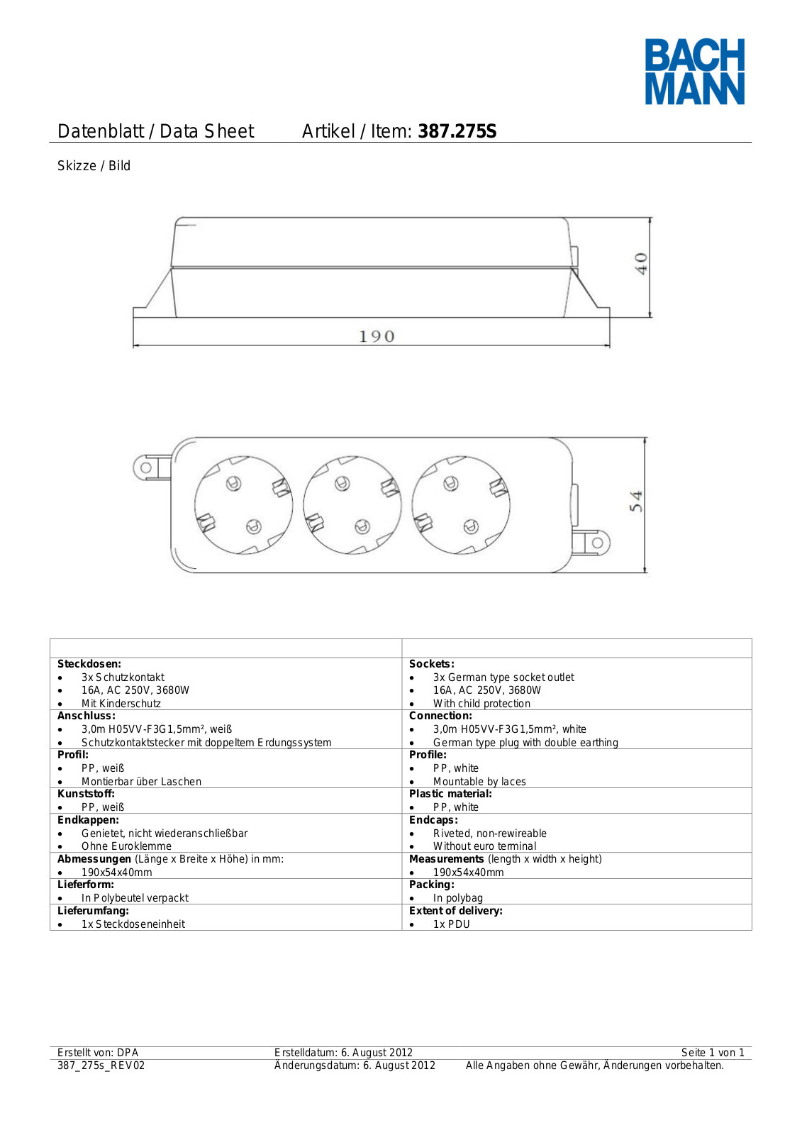 Bachmann 387.275S data sheet