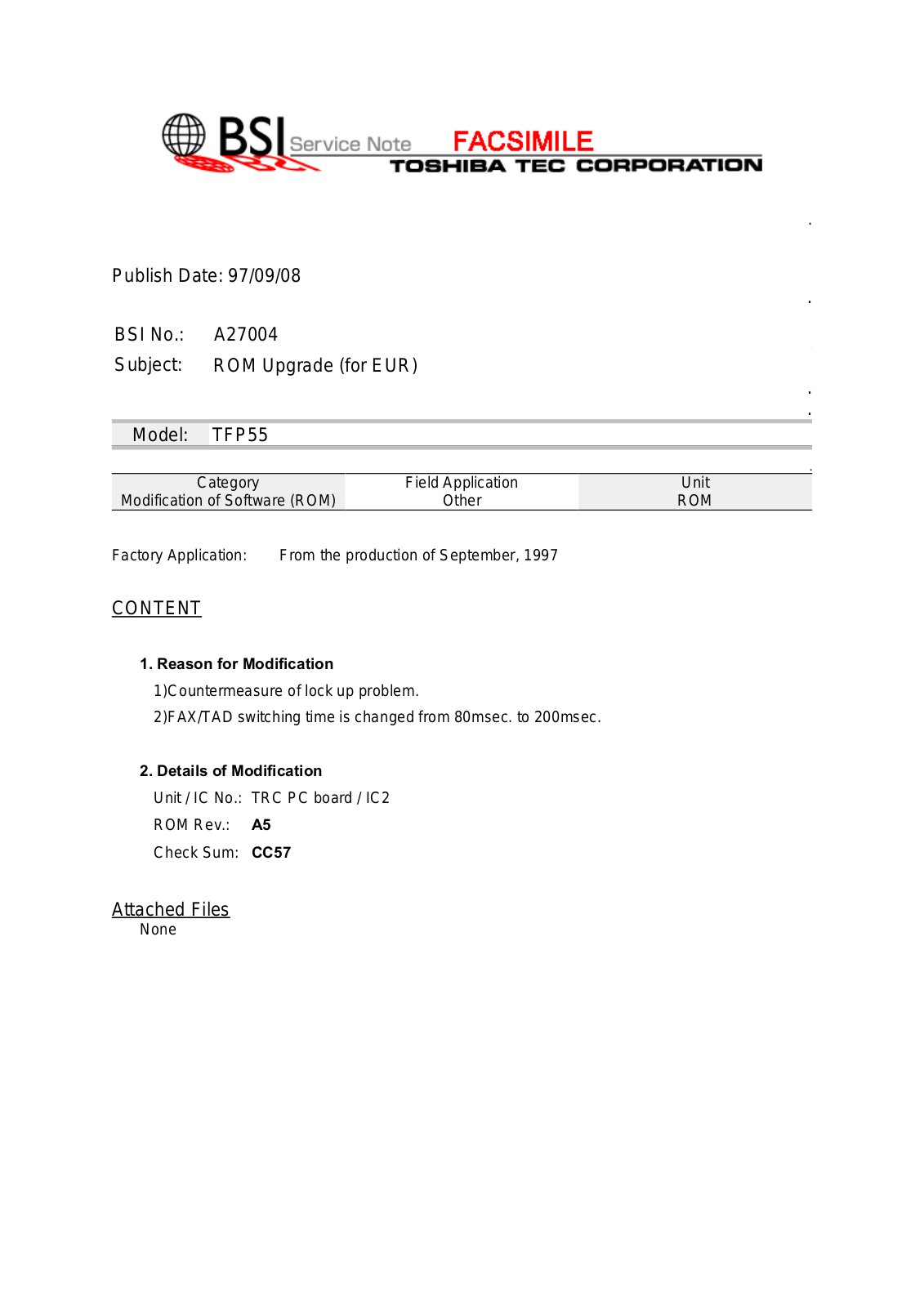 Toshiba A27004 Service Note