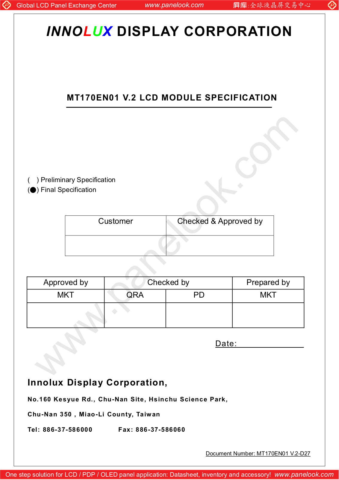 INNOLUX MT170EN01 V.2 Specification