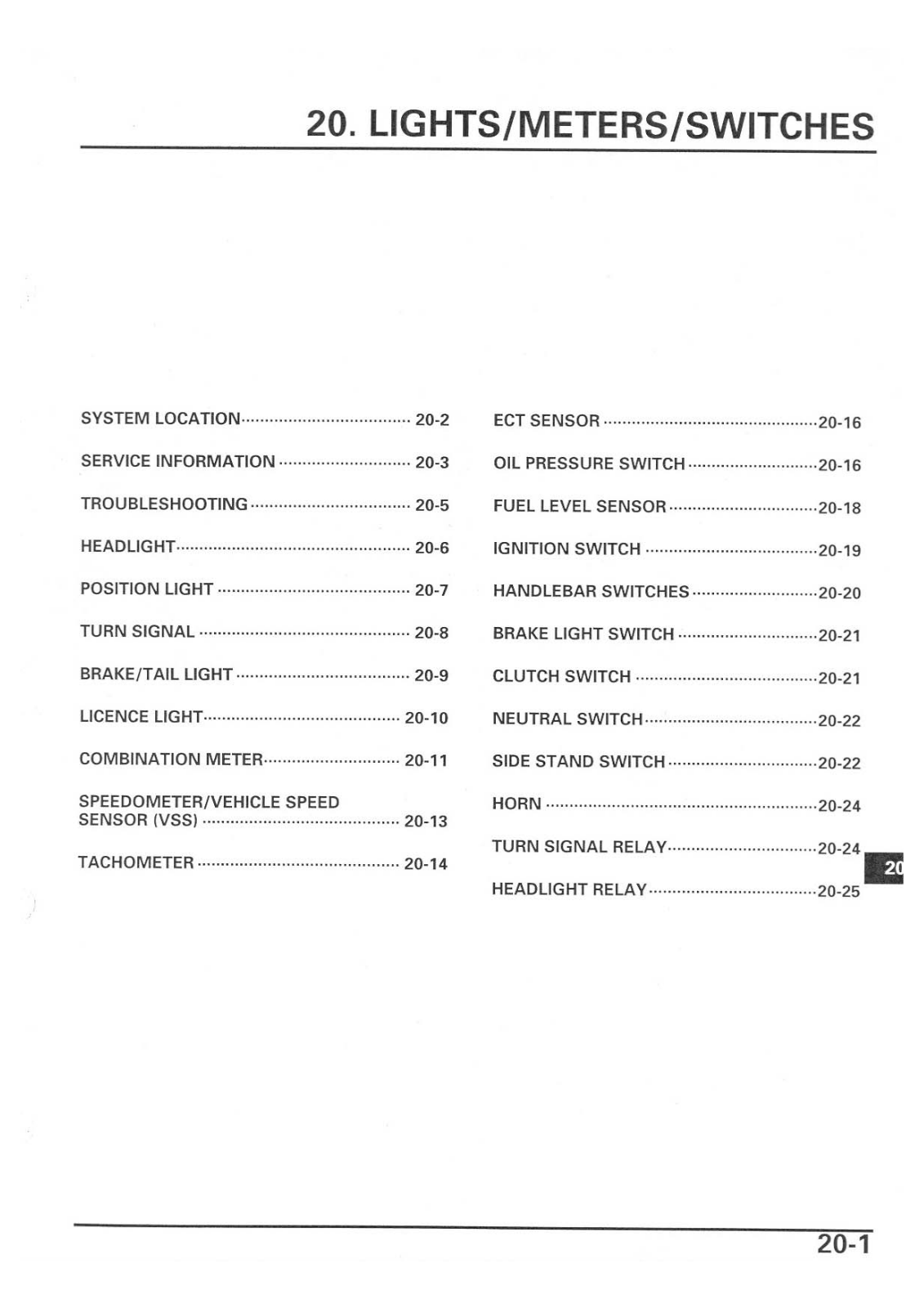 Honda CBR600RR '03 Service Manual Chapter 20 - Lights, Meters And Switches