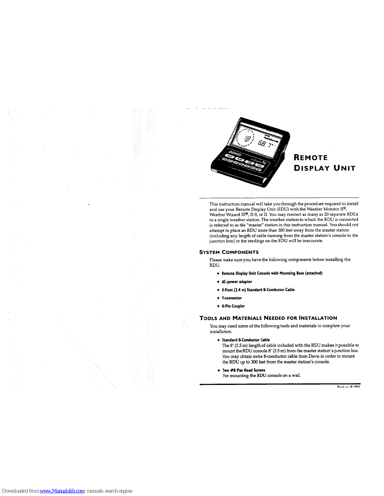 DAVIS Remote Display Unit, Weather Monitor II, Weather Wizard III, Weather Wizard II-S, Weather Wizard II User Manual