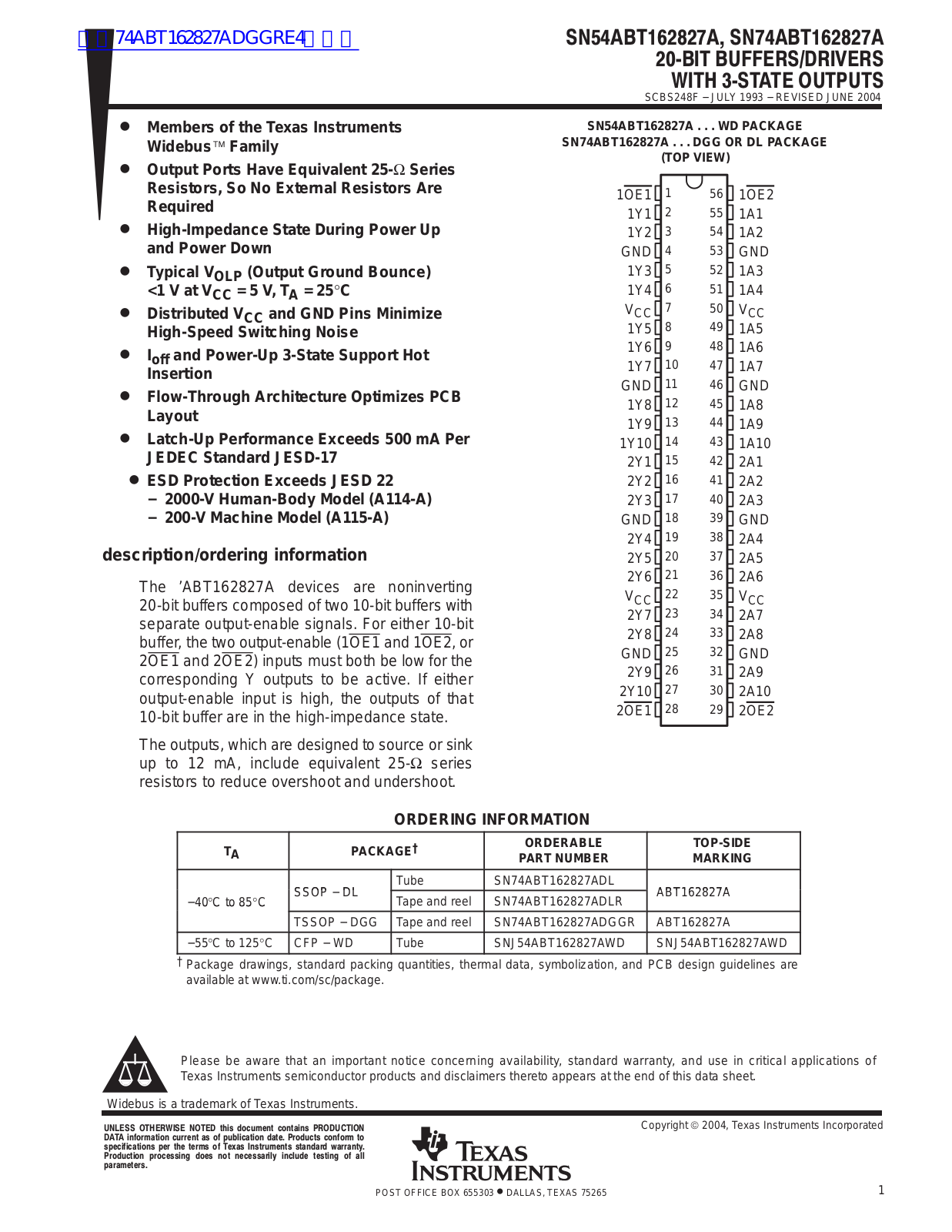 TEXAS INSTRUMENTS SN54ABT162827A Technical data