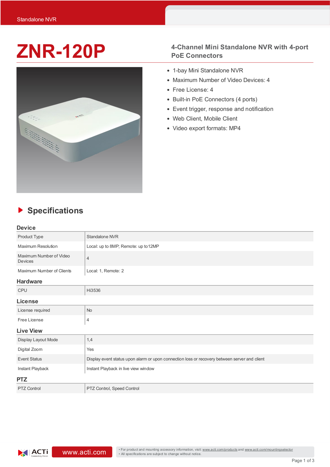 ACTi EKI-K164D412, ZNR-120P Specsheet