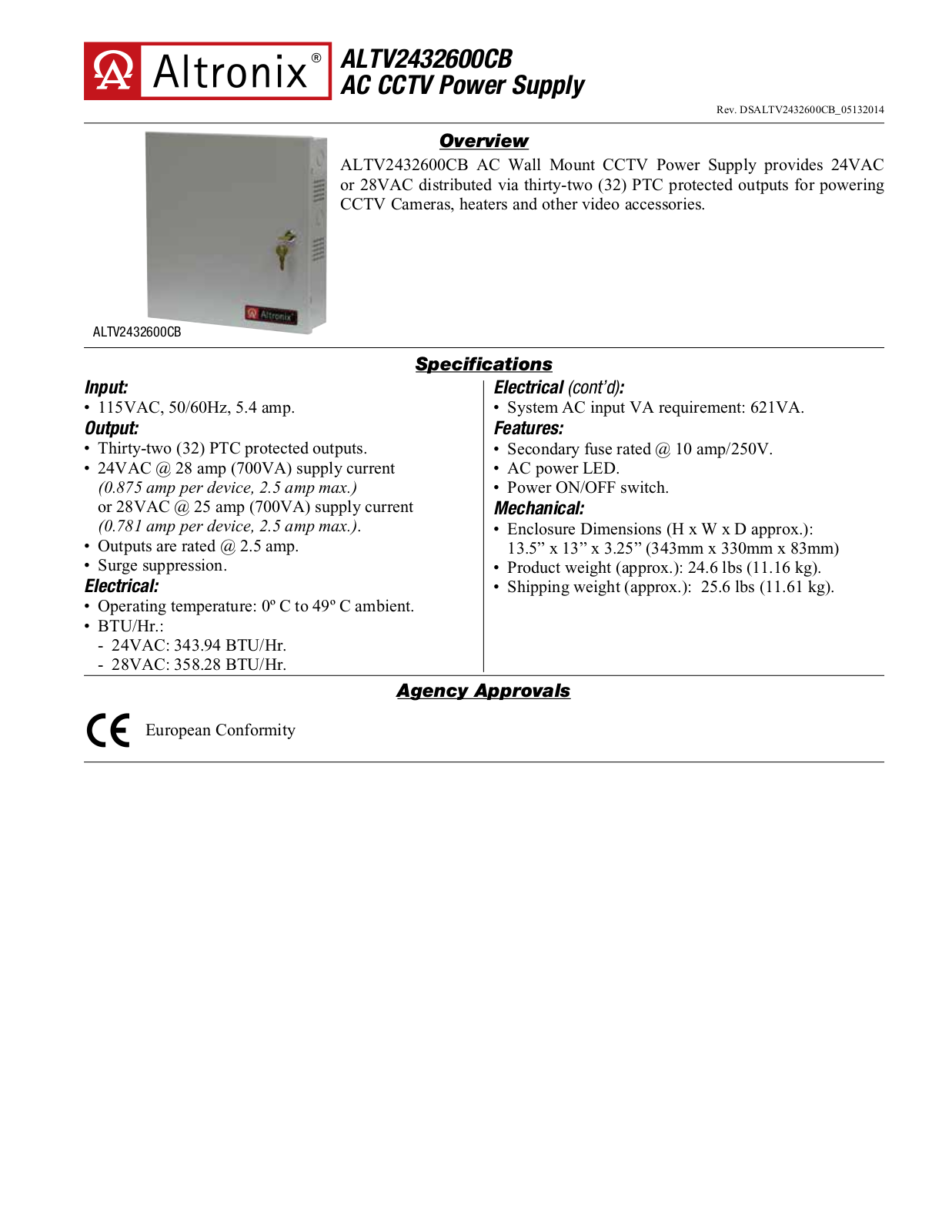 Altronix ALTV2432600CB Specsheet