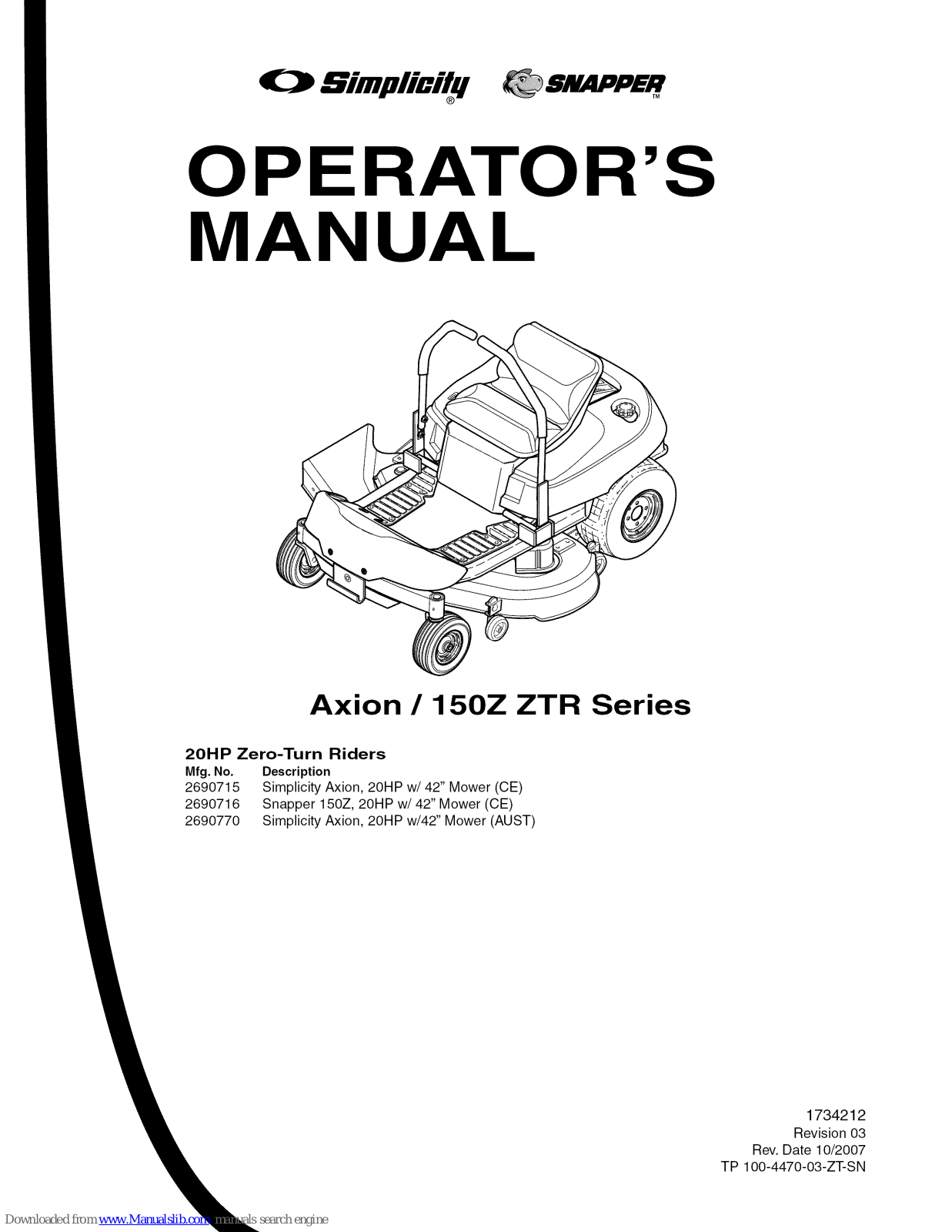 Simplicity Axion / 150Z ZTR Series, Axion, 2690715, 2690770, Snapper 2690716 Operator's Manual - ManualMachine.com