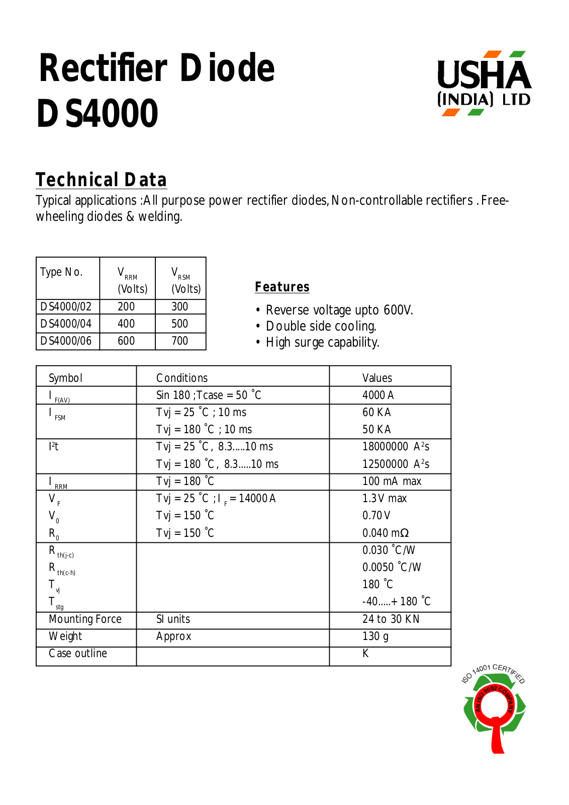 USHA DS4000-06, DS4000-04, DS4000-02 Datasheet