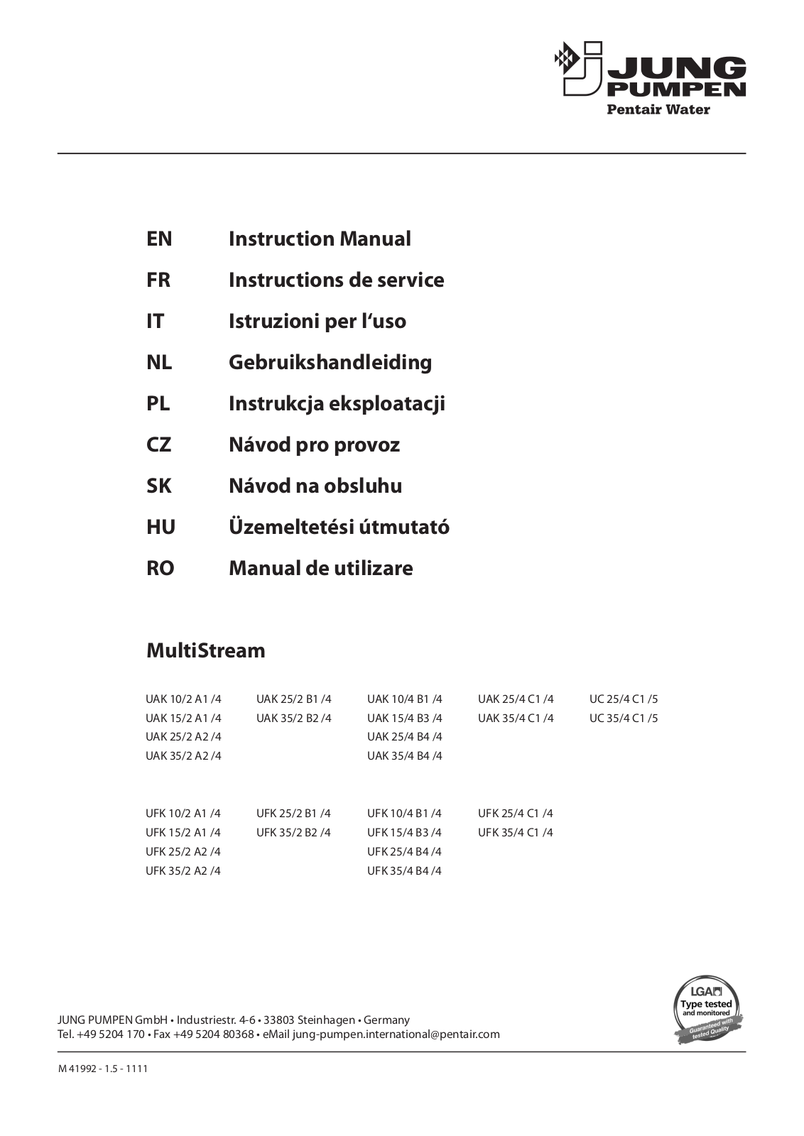 Pentair JUNG PUMPEN MultiStream UAK Series, JUNG PUMPEN MultiStream UFK Series, JUNG PUMPEN MultiStream UC Series Instruction Manual