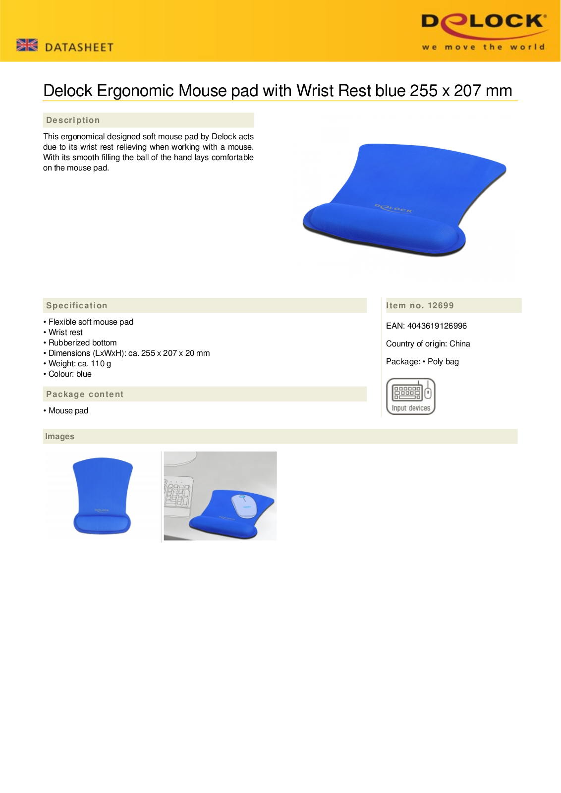 DeLOCK ergonomic mousepad with palm rest, 255x207mm, blue User Manual