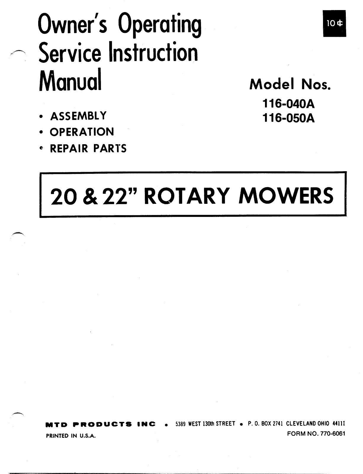 MTD 116-040A, 116-050A User Manual