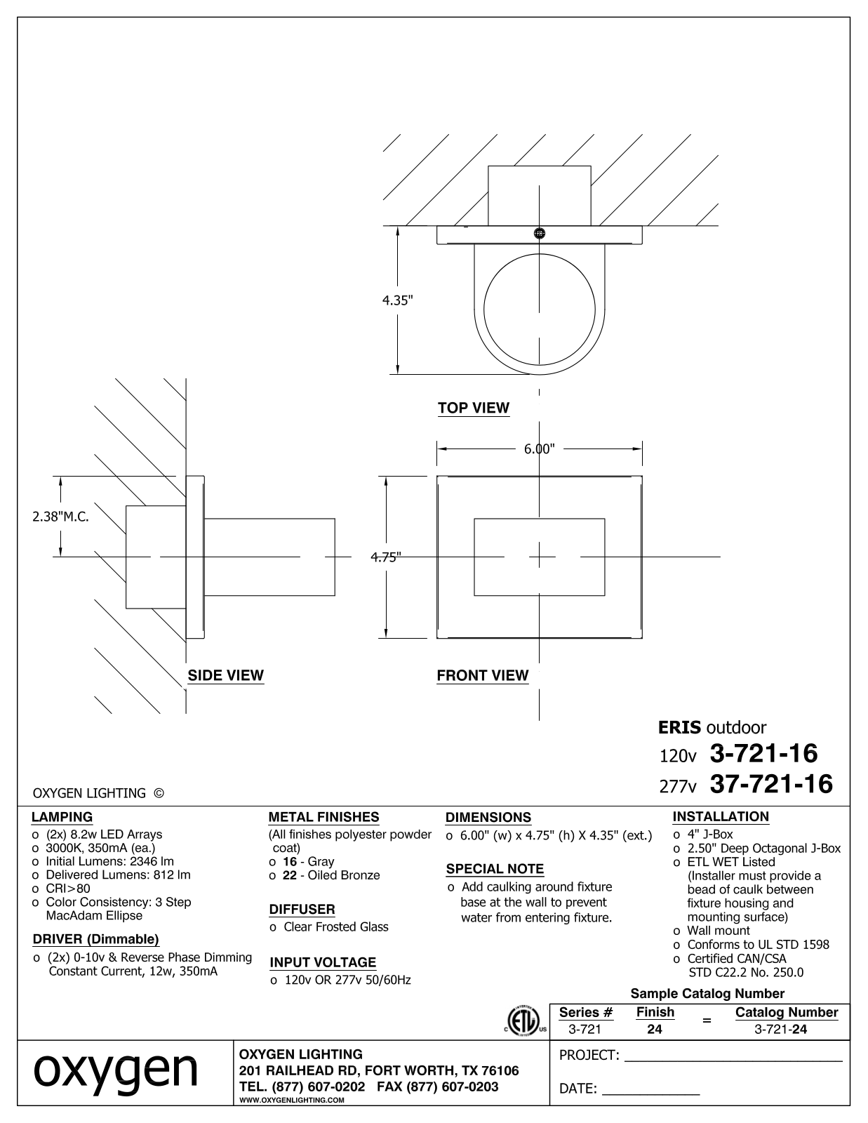 Oxygen Lighting OXGN1265 Specifications - ManualMachine.com