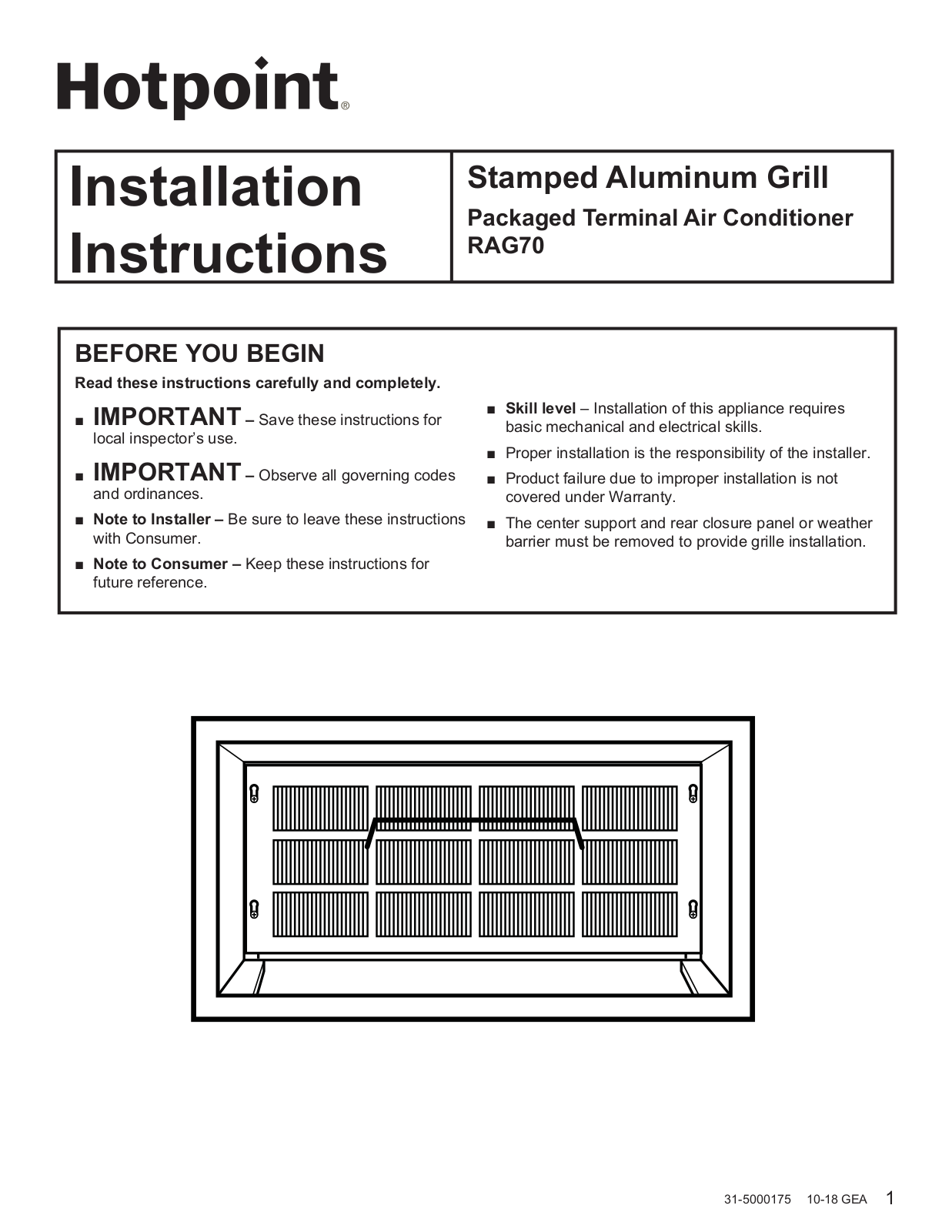 Hotpoint RAG70 Installation Instructions Manual