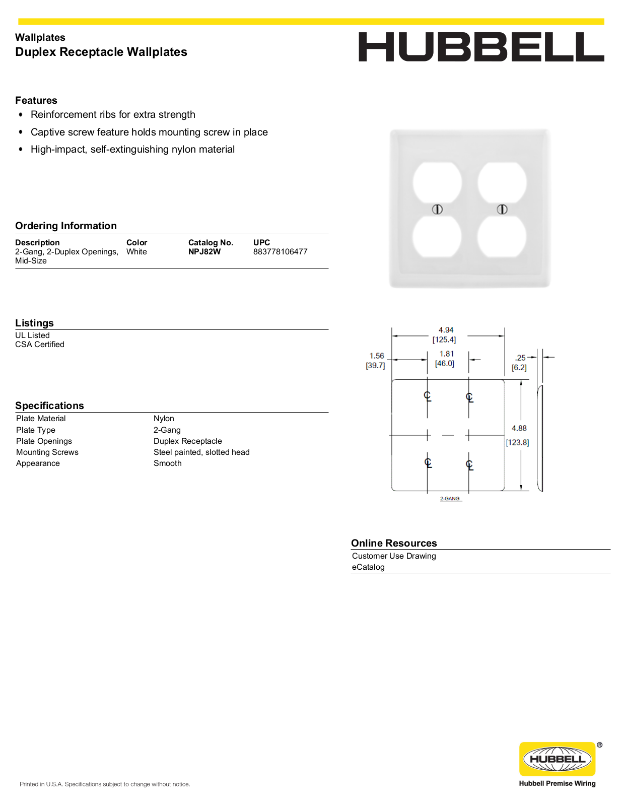 Hubbell NPJ82W Specifications