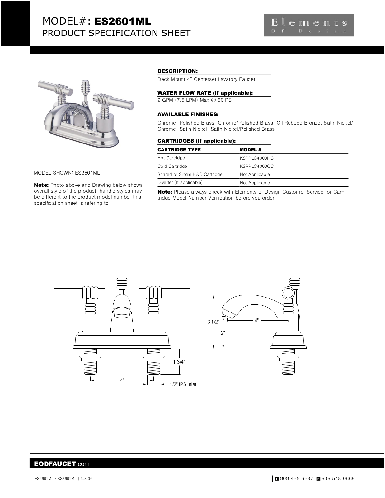 Elements of Design EDE1189 Specification Sheet - ManualMachine.com