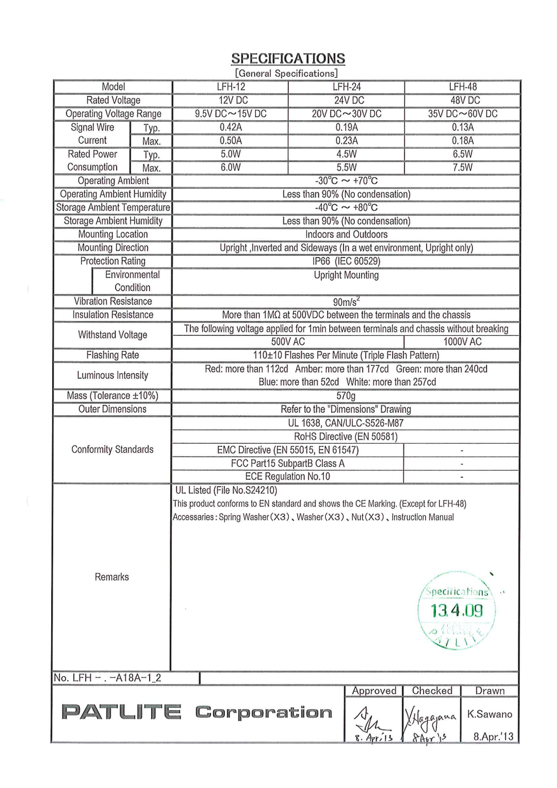 Patlite LFH-12, LFH-24, LFH-48 Specifications