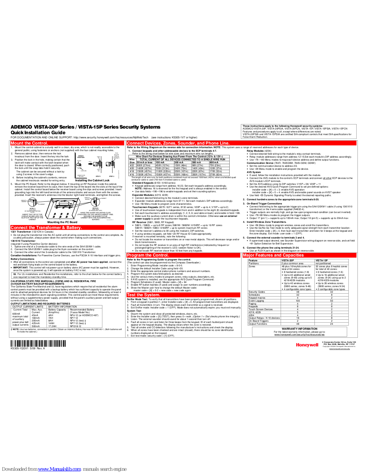 ADEMCO VISTA-15P, VISTA-20P, VISTA-20PSIA, VISTA-20PPCN, VISTA-15PSIA Quick Installation Manual