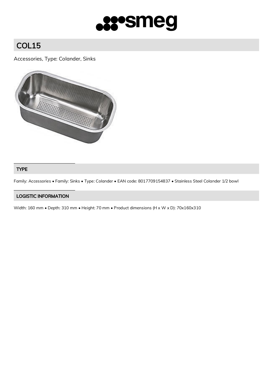 Smeg COL15 Technical sheet