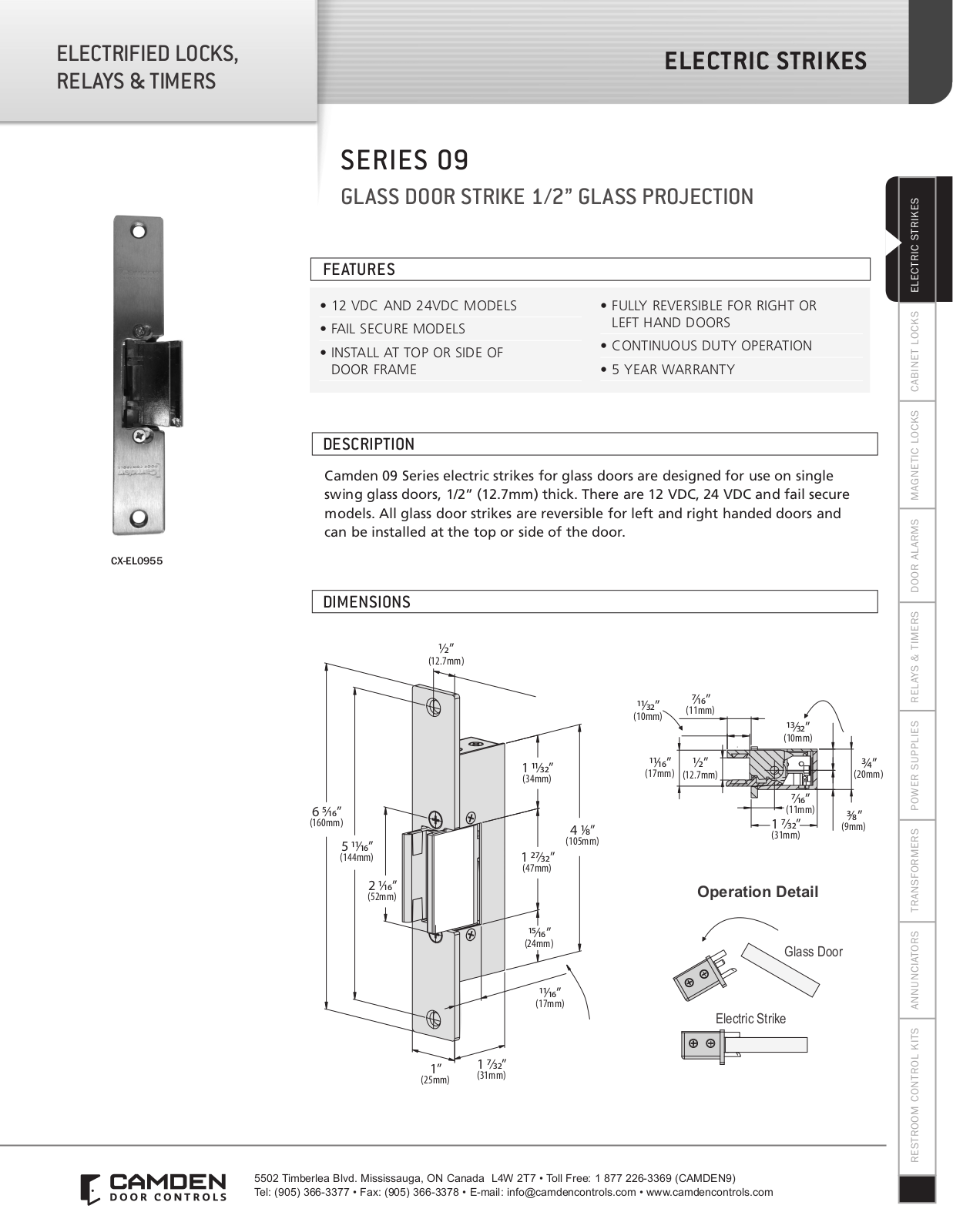 Camden Door Controls CX-EL0955, CX-EL0958 Specsheet