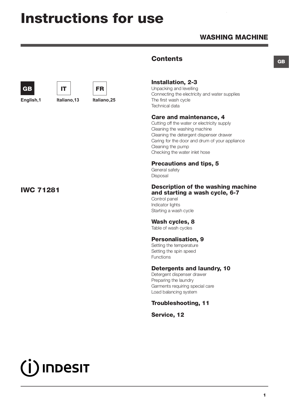 INDESIT IWC 71281ECOEU60HZ.R User Manual