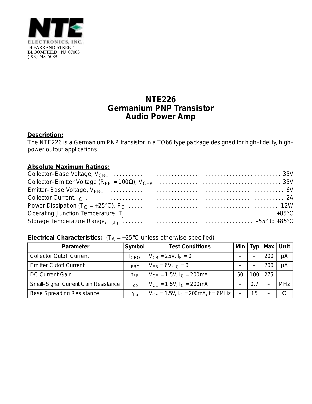 Datasheet NTE226 Datasheet (NTE) - ManualMachine.com
