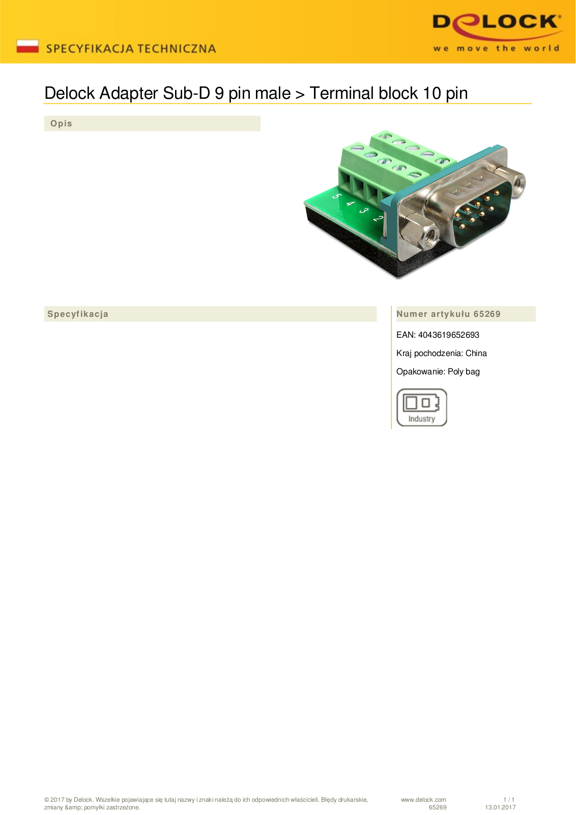 DeLOCK Sub-D 9-Pin  plug  on 10-Pin-Terminalblock adapter User Manual