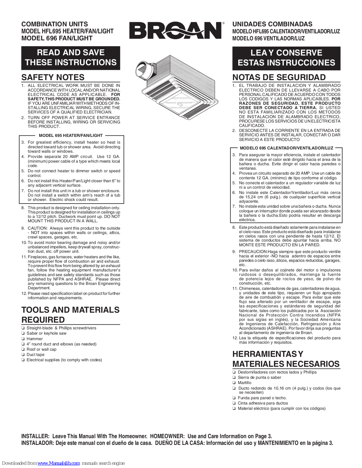 Broan HFL695, 696 User Manual