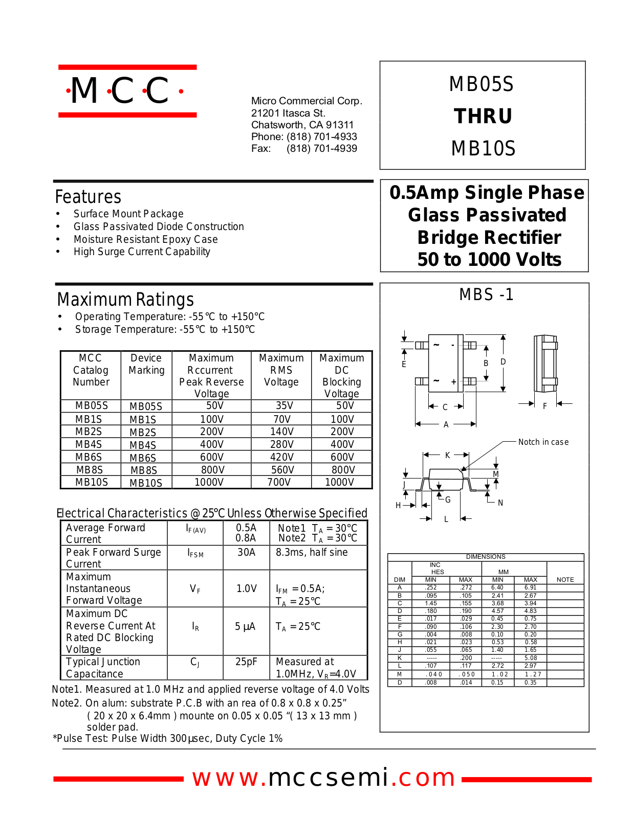 MCC MB8S, MB6S, MB1S, MB05S, MB4S Datasheet