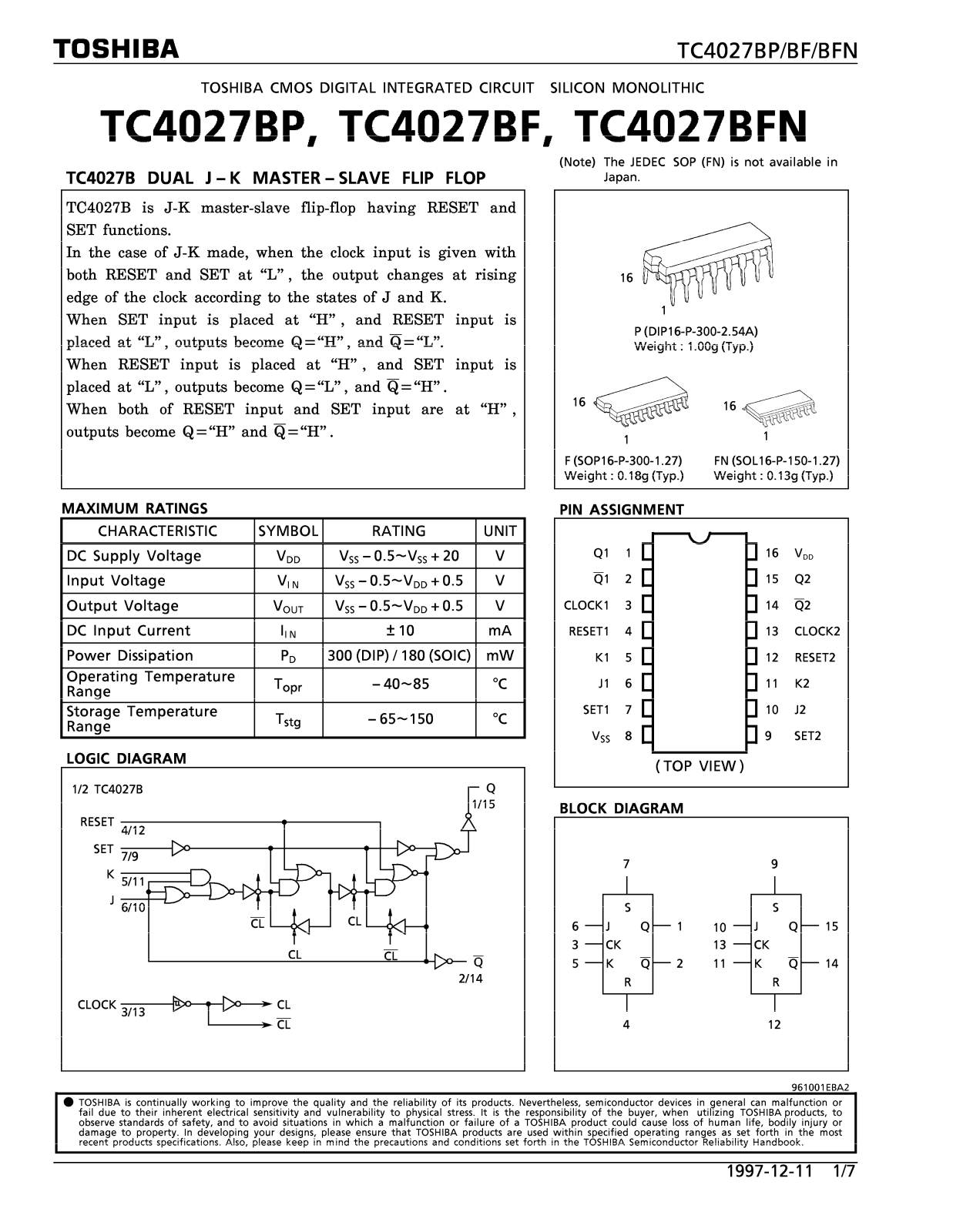 Toshiba TC4027BFN, TC4027BF Datasheet