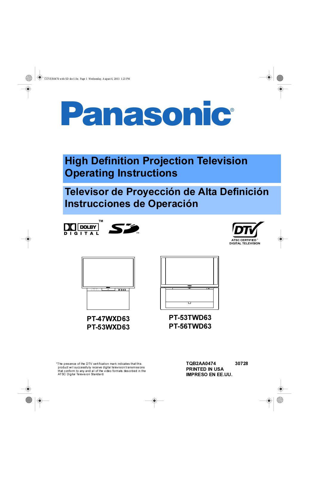 Panasonic PT-53TWD63G, PT-47WXD63G, PT-53WXD63G, PT-47WXD63, PT-56TWD63G User Manual