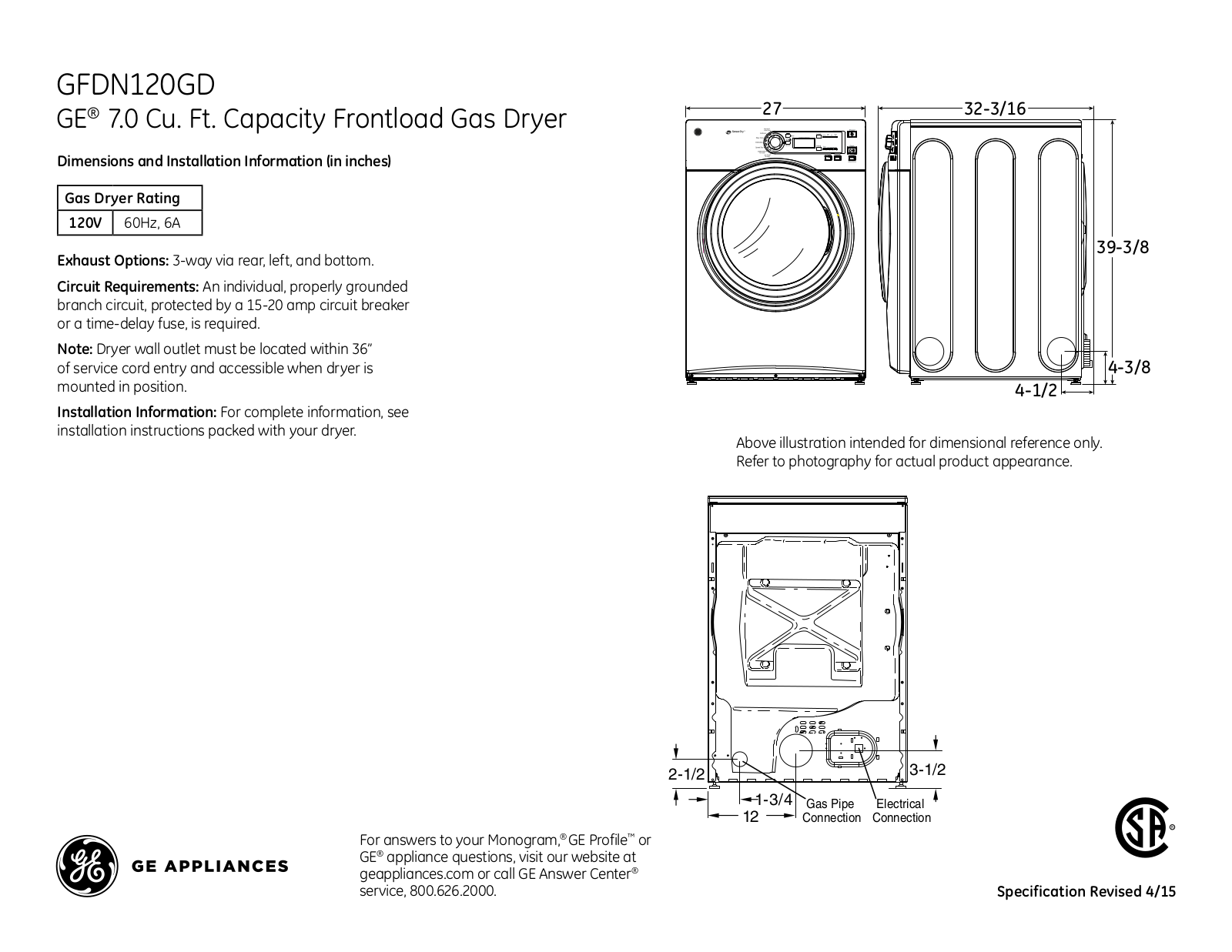 GE GFDN120GD Specification