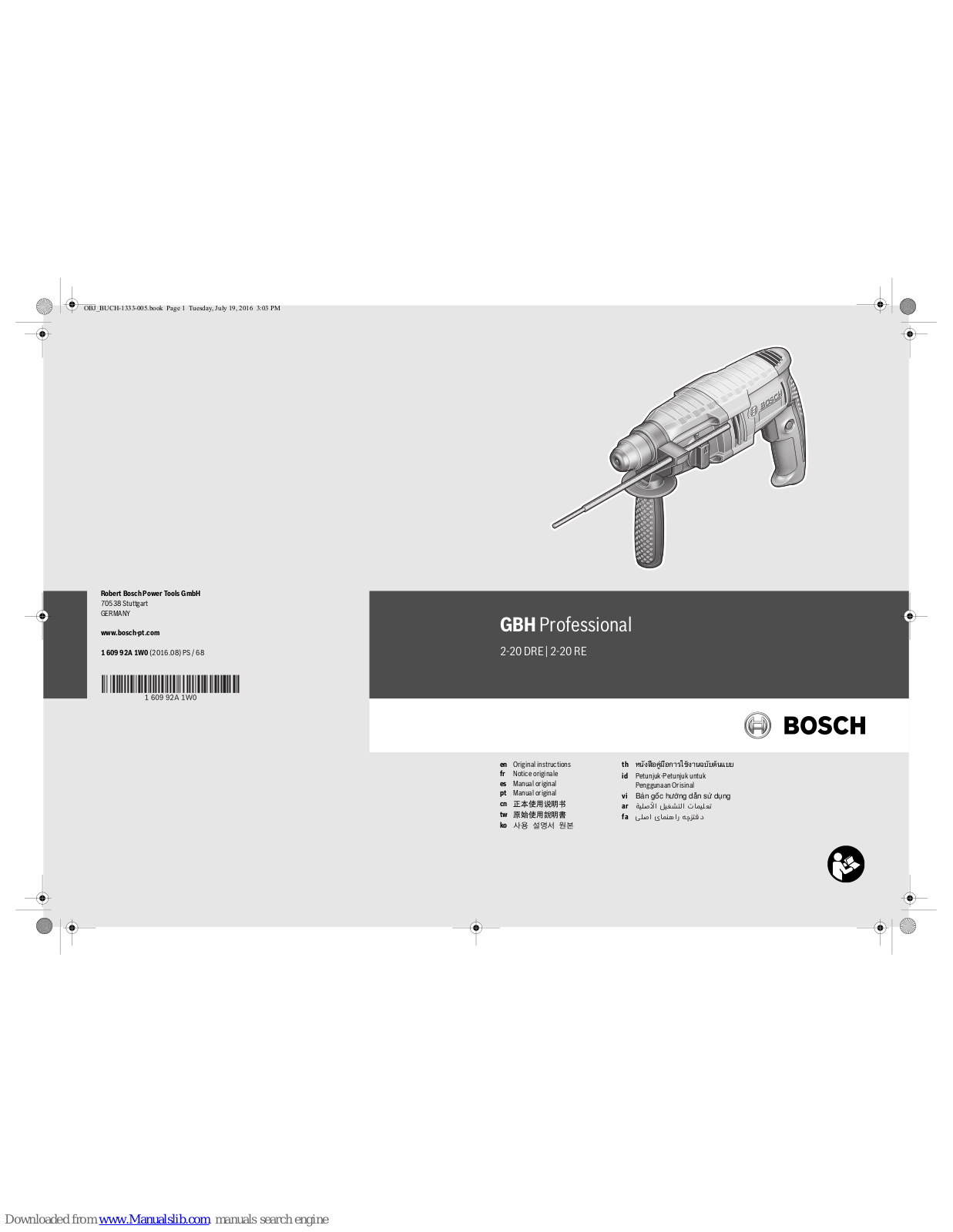 Bosch GBH Professional 2-20 DRE, GBH Professional 2-20 RE Original Instructions Manual